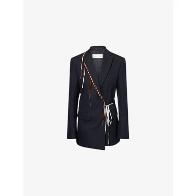 DRIES VAN NOTEN WOMENS NAVY BAFTAN STITCH-EMBELLISHED DOUBLE-BREASTED WOOL BLAZER