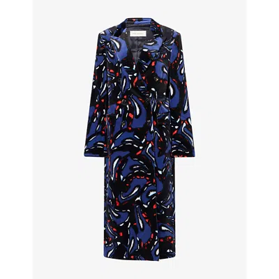 Dries Van Noten Womens Navy Graphic-print Longline Cotton-velvet Coat In Multi