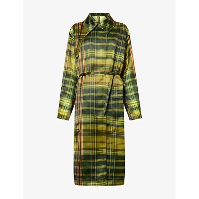 Dries Van Noten Womens Neon Yellow Belted Check Satin Rain Coat Xs In Multi