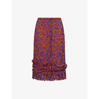 Dries Van Noten Womens Orange Crystal-embellished Printed Woven Midi Skirt In Purple