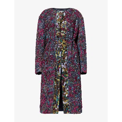 Dries Van Noten Womens Petrol Bead-embellished Ruffle Woven Coat In Multi