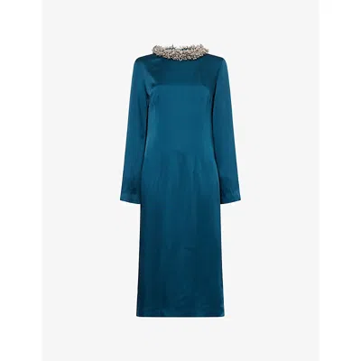 Dries Van Noten Womens Petrol Danora Crystal-embellished Woven Midi Dress In Blue