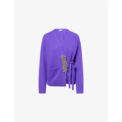 Dries Van Noten Womens Purple Crystal-embellished Wrap Cashmere Cardigan