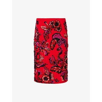 Dries Van Noten Womens Red Jacquard Embellished Cotton-blend Midi Skirt
