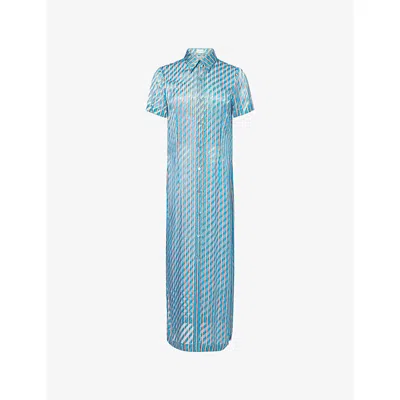 Dries Van Noten Womens Turquoise Devoré Short-sleeve Silk-blend Shirt Midi Dress In Blue