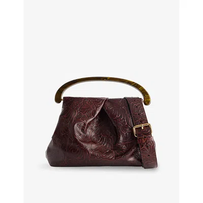 Dries Van Noten Womens Wood Flower-embroidered Pleated Leather Top-handle Bag In Brown