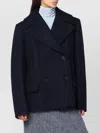 Dries Van Noten Wool Blend Double Breasted Coat With Pleats In Blue