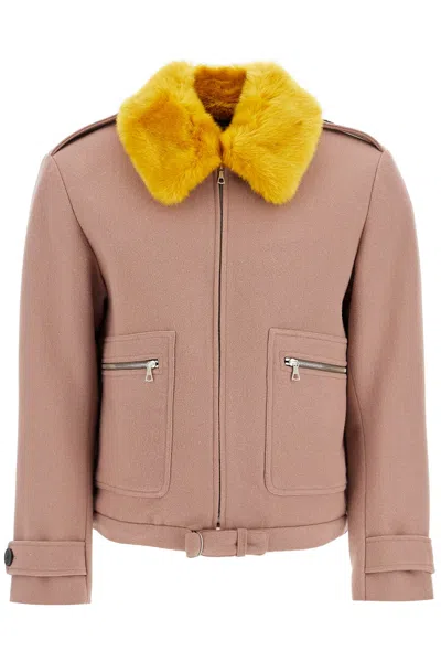 Dries Van Noten Wool Blouson With Faux Fur Collar In Pink