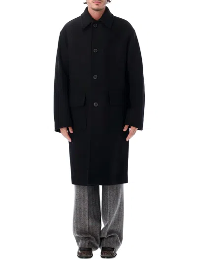 Dries Van Noten Wool-blend Long Straight Patch Pocket Jacket With Pointed Collar In Black