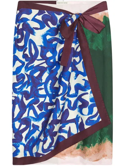 Dries Van Noten Wrap-design Silk Midi Skirt In Blue