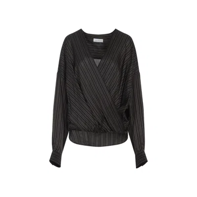 Dries Van Noten V-neck Striped Draped Long Sleeves Blouse In Black