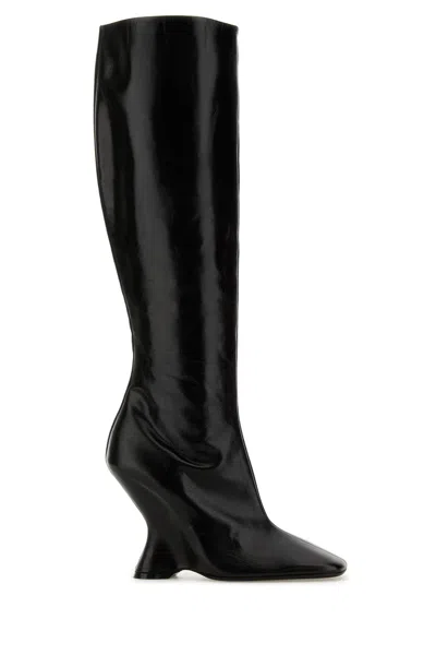 Dries Van Noten Black Leather Wedge Tall Boots
