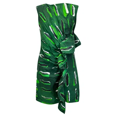 Pre-owned Dries Van Noten X Len Lye Ruched Abstract-print Mini Dress In Green Cotton