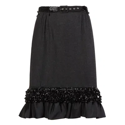 Pre-owned Dries Van Noten Y2k  Gray Wool Skirt With Black Beaded Belt