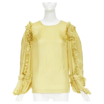 Pre-owned Dries Van Noten Yellow 100% Silk Ruffle Applique Puff Sleeve Blouse Fr38 M