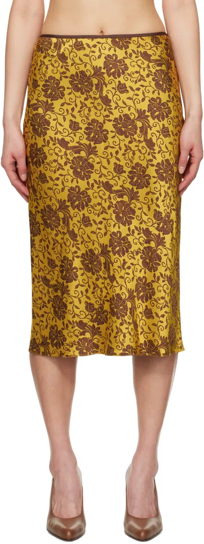 Dries Van Noten Yellow & Brown Damask Midi Skirt In 205 Ocra