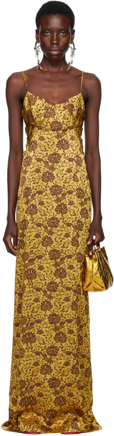 Dries Van Noten Yellow & Brown Jacquard Maxi Dress In 205 Ocra