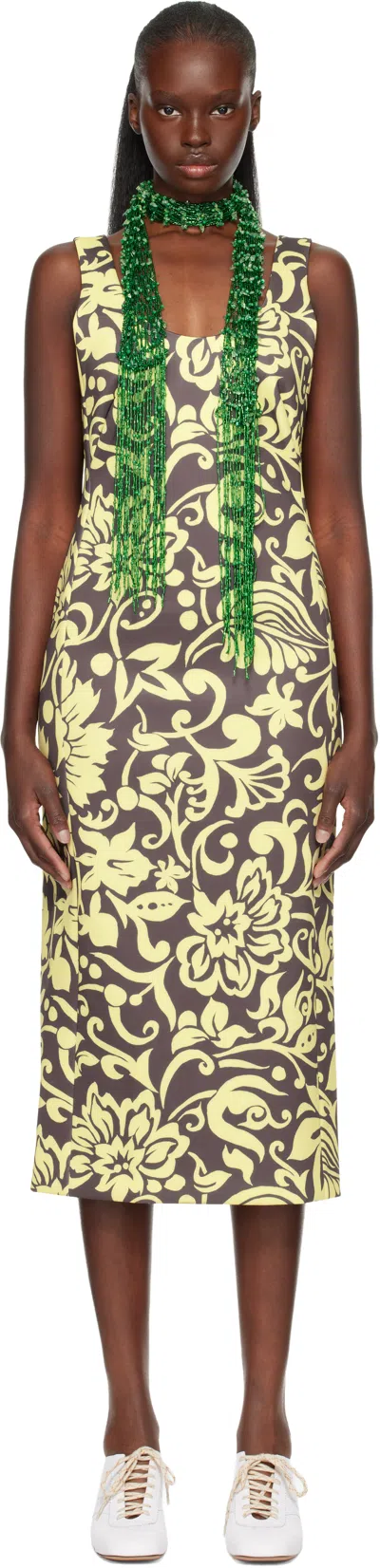 Dries Van Noten Yellow & Taupe Fitted Structured Maxi Dress In Brown