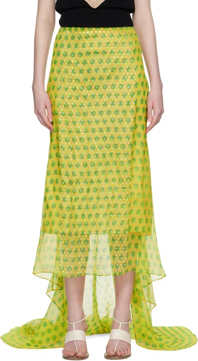Dries Van Noten Yellow Embellished Silk Maxi Skirt In Green