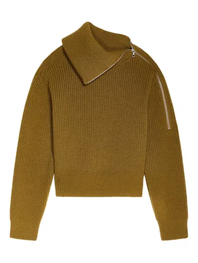 Dries Van Noten Zipped High-neck Wool Sweater In Brown