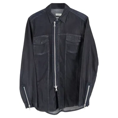 Dries Van Noten Zipped Shirt In Black And Blue Cotton