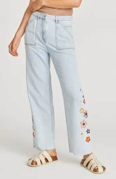 Driftwood Callie Floral Embroidered High Waist Straight Leg Jeans In Light Wash