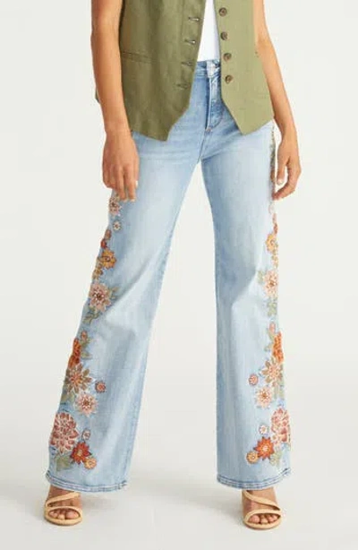 Driftwood Charlee Floral Embroidered High Waist Wide Leg Jeans In Light Wash