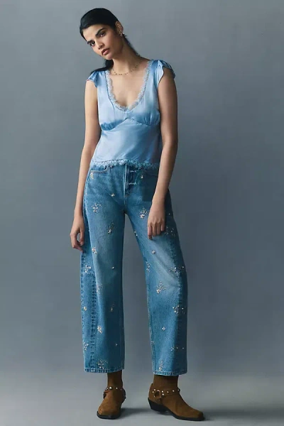 Driftwood Elaine Pearl-embellished High-rise Barrel Jeans In Blue