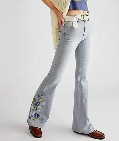 Driftwood Farrah Embroidered Flare Jean In Pinstripe Lagoon In Silver