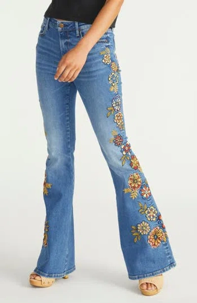 Driftwood Farrah Floral Embroidered High Waist Flare Jeans In Blue