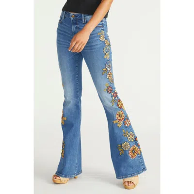 Driftwood Farrah Floral Embroidered High Waist Flare Jeans In Medium Wash
