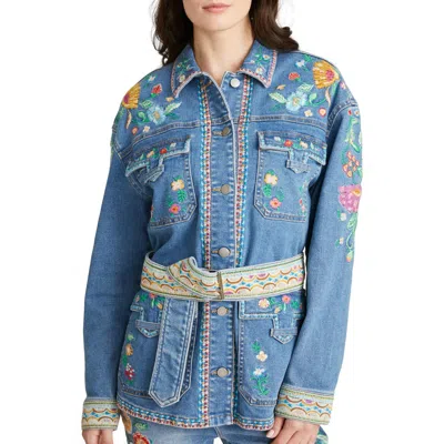 Driftwood Gardenia Foulard Embroidered Belted Denim Jacket In Medium Wash