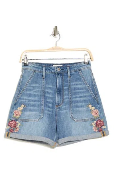 Driftwood High Waist Floral Embroidered Utility Shorts In Medium Wash