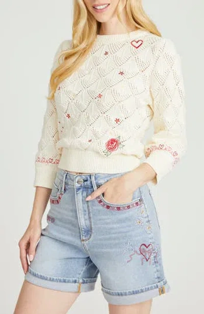 Driftwood Love Letters Pointelle Cotton Sweater In White