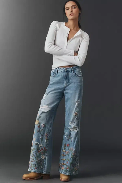Driftwood Marlena Embroidered Mid-rise Wide-leg Jeans In Blue