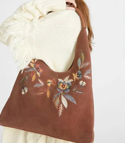 Driftwood Parma Suede Bucket Bag In Feathery Leaf In Brown