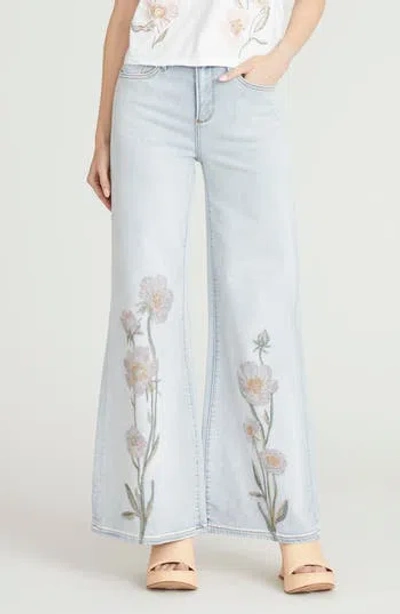 Driftwood Penelope Floral Embroidered Wide Leg Jeans In Blue