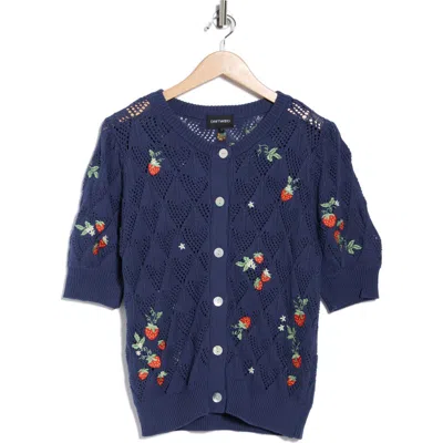 Driftwood Strawberry Embroidered Puff Sleeve Cotton Cardigan In Blue