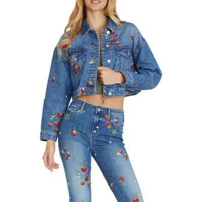 Driftwood Trucker X Strawberry Fields Embroidered Crop Denim Jacket In Blue