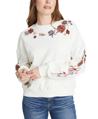 Driftwood Women's Bows & Roses Cotton Embroidered Sweatshirt In White