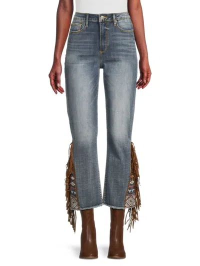 Driftwood Women's Clara Fringe Embellished Denim Bootcut Jeans In Blue