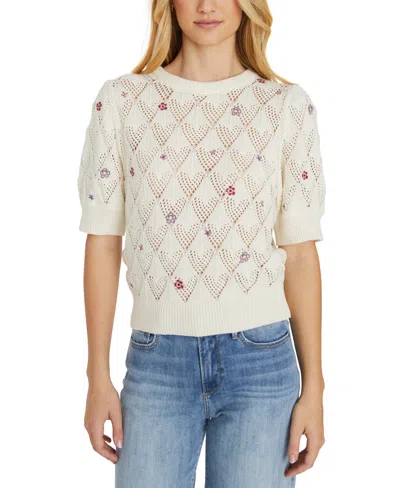 Driftwood Women's Artistic Floral Puff-short-sleeve Sweater In Cream
