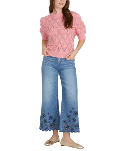 Driftwood Women's Cotton Puff-sleeve Pointelle Sweater X Artistic Floral In Pink