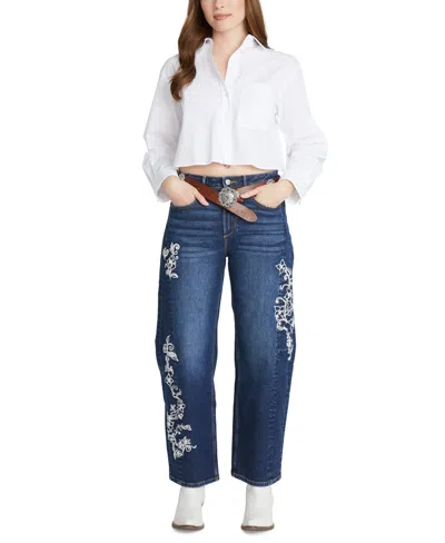 Driftwood Women's Elaine X Raised Rodeo Mid Rise Barrel-leg Jeans In Blue