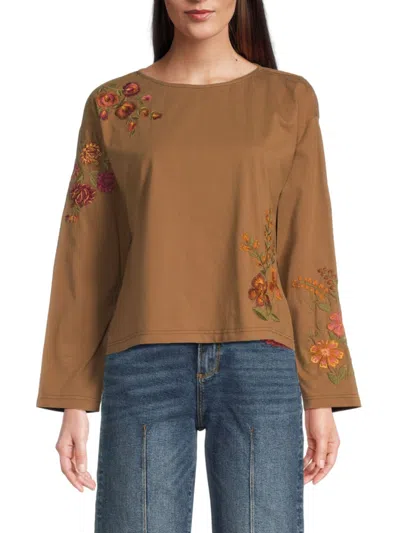 Driftwood Women's Embroidered Relaxed Crewneck Cotton Top In Brown