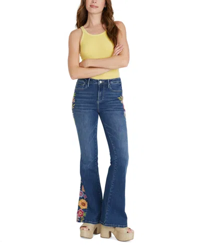 Driftwood Farrah Floral Embroidered High Waist Flare Jeans In Dark Wash