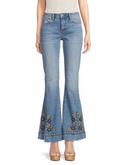 Driftwood Women's Farrah Embroidery Slit Flare Jeans In Blue