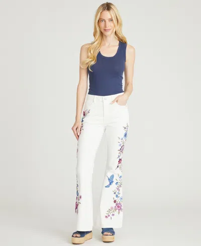 Driftwood Women's Farrah Flare Mid Rise Floral Embroidered Jeans In White