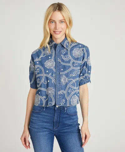 Driftwood Women's Faye Embroidered Denim Cropped Shirt In Blue