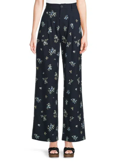 Driftwood Women's Floral Embroidered Pleated Pants In Navy
